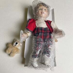 Collectible Porcelain Doll Boy Plaid Outfit Teddy Bear‎ Ornament New
